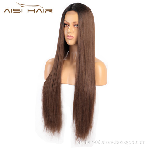 Aisi Hair Cheap High Quality Long Silky Straight Ombre Brown Dark Root Lace Wig Synthetic Hair Lace Front Wigs For Black Women